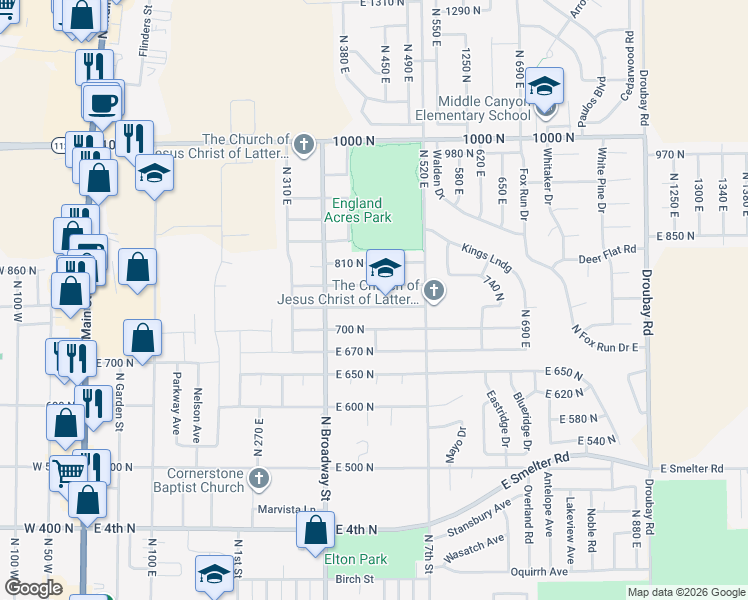 map of restaurants, bars, coffee shops, grocery stores, and more near 437 East 740 North in Tooele