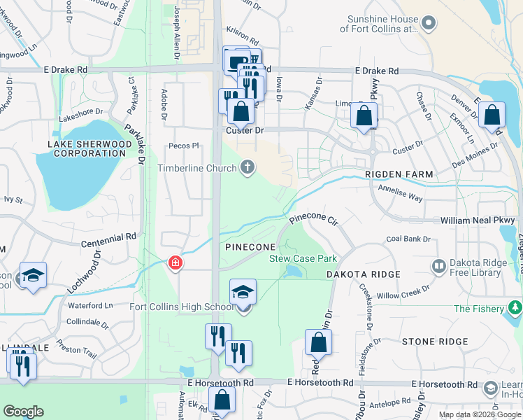 map of restaurants, bars, coffee shops, grocery stores, and more near 3008 South Timberline Road in Fort Collins