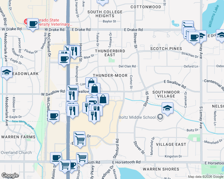 map of restaurants, bars, coffee shops, grocery stores, and more near 3019 Alamo Avenue in Fort Collins