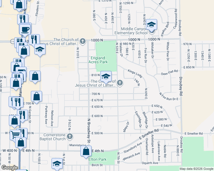 map of restaurants, bars, coffee shops, grocery stores, and more near 463 East 770 North in Tooele