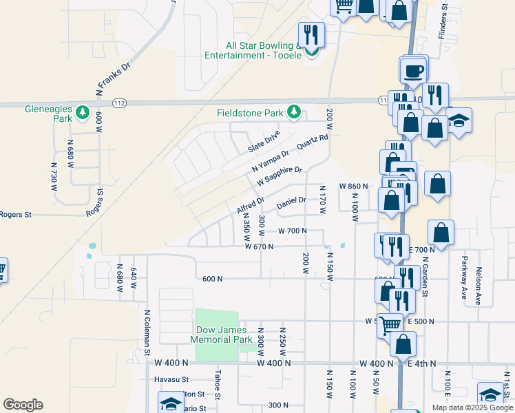 map of restaurants, bars, coffee shops, grocery stores, and more near 332 Alfred Drive in Tooele