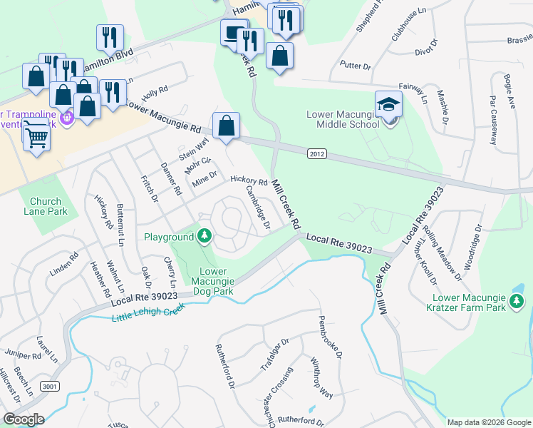 map of restaurants, bars, coffee shops, grocery stores, and more near 1537 Cambridge Drive in Macungie