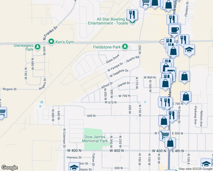map of restaurants, bars, coffee shops, grocery stores, and more near 284 Alfred Drive in Tooele