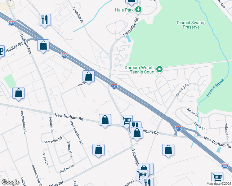 map of restaurants, bars, coffee shops, grocery stores, and more near 5 Waterford Drive in Edison