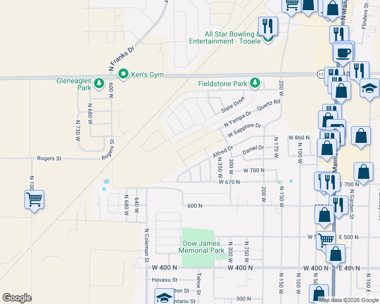 map of restaurants, bars, coffee shops, grocery stores, and more near 444 West Sapphire Drive in Tooele