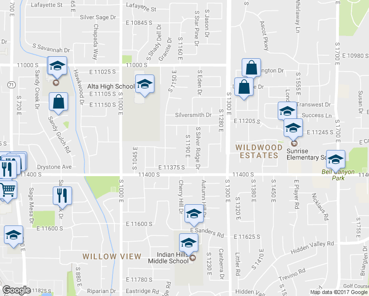 map of restaurants, bars, coffee shops, grocery stores, and more near 11302 Bell Ridge Drive in Sandy