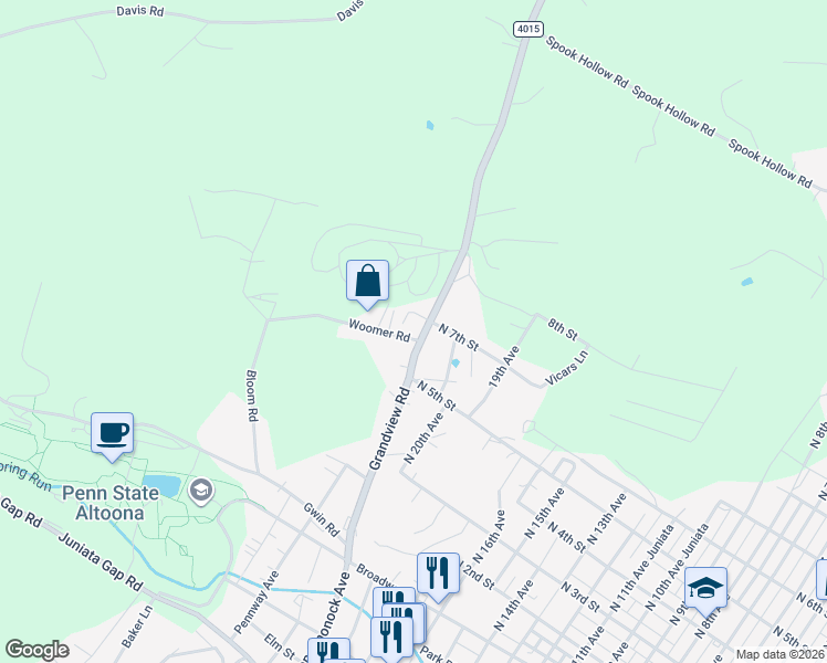 map of restaurants, bars, coffee shops, grocery stores, and more near 634 Grandview Road in Altoona