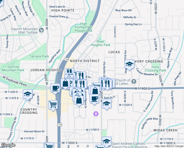 map of restaurants, bars, coffee shops, grocery stores, and more near 11294 Sweet Pea Lane in South Jordan