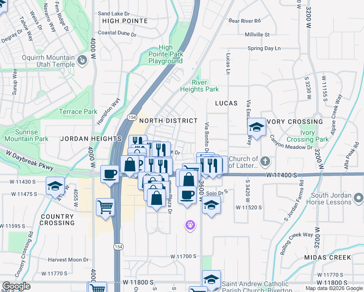 map of restaurants, bars, coffee shops, grocery stores, and more near 3683 Lilac Heights Drive in South Jordan