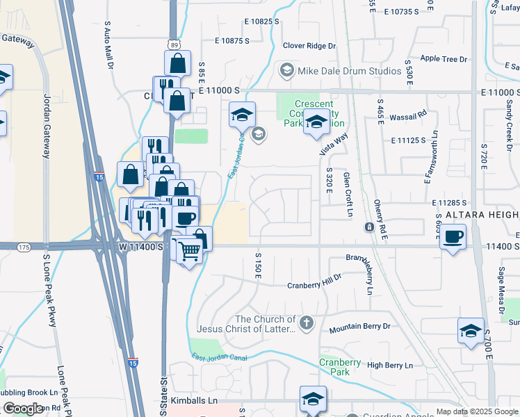 map of restaurants, bars, coffee shops, grocery stores, and more near 194 Crescent Park Way in Sandy