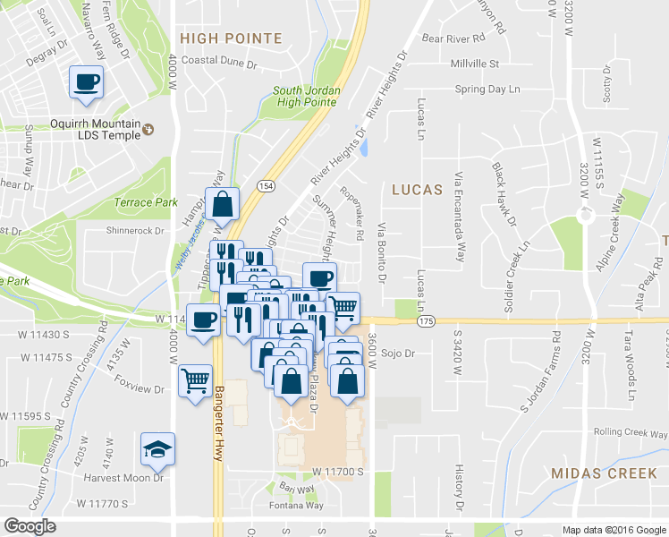 map of restaurants, bars, coffee shops, grocery stores, and more near 3689 Lilac Heights Drive in South Jordan
