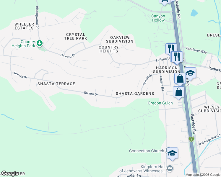map of restaurants, bars, coffee shops, grocery stores, and more near 4647 Lookout Court in Redding