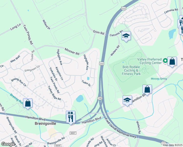 map of restaurants, bars, coffee shops, grocery stores, and more near 874 King Way in Breinigsville