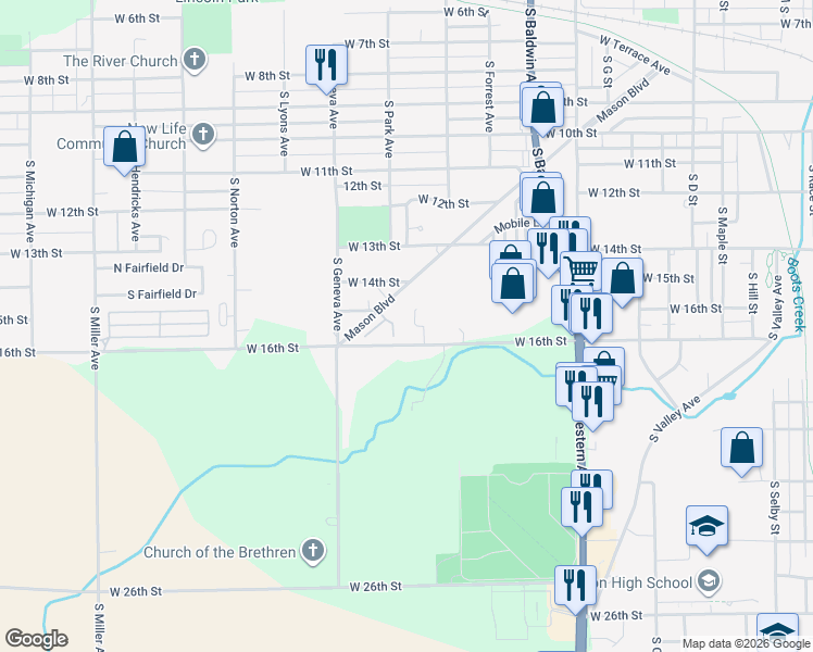 map of restaurants, bars, coffee shops, grocery stores, and more near 1417 Springhill Drive in Marion