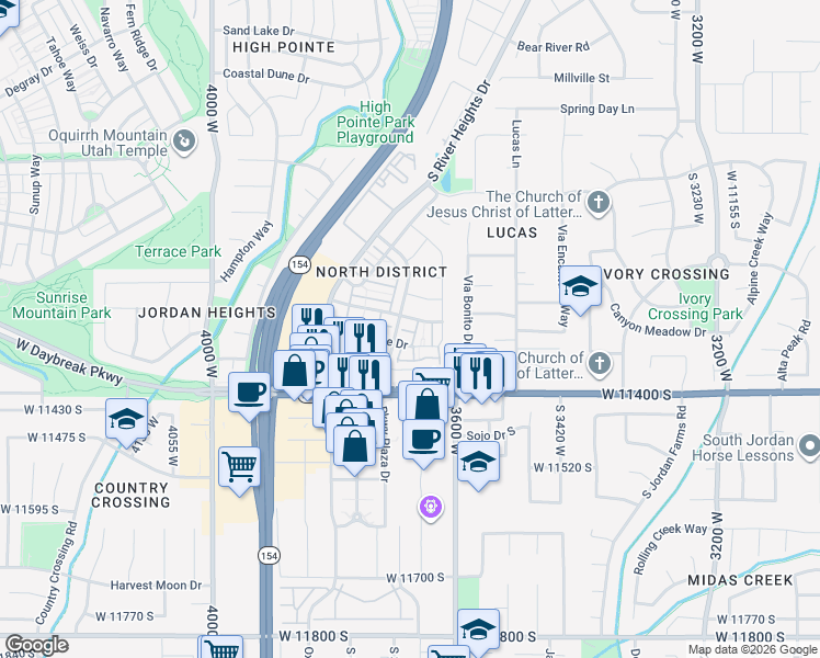 map of restaurants, bars, coffee shops, grocery stores, and more near 3689 Lilac Heights Drive in South Jordan
