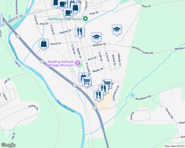 map of restaurants, bars, coffee shops, grocery stores, and more near 607 South Fourth Street in Hamburg