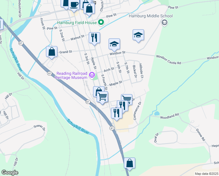 map of restaurants, bars, coffee shops, grocery stores, and more near 607 South Fourth Street in Hamburg
