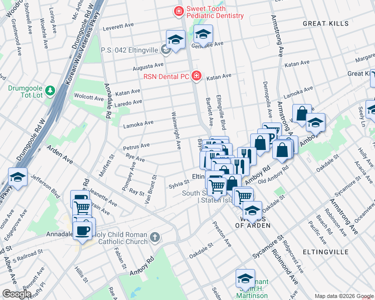 map of restaurants, bars, coffee shops, grocery stores, and more near 13 Chesebrough Street in Staten Island