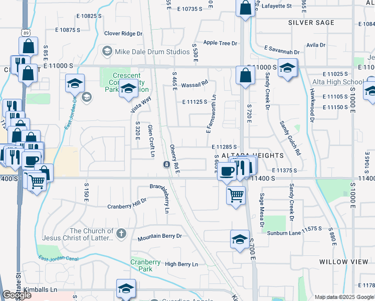 map of restaurants, bars, coffee shops, grocery stores, and more near 502 Meadow Hill Drive in Sandy