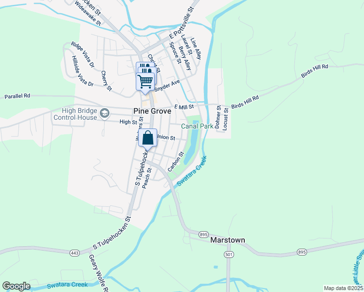map of restaurants, bars, coffee shops, grocery stores, and more near 23 Union Street in Pine Grove