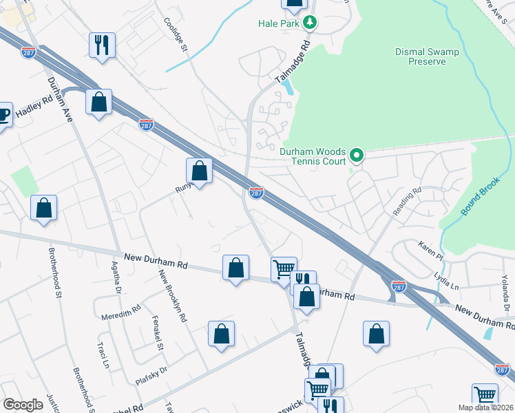 map of restaurants, bars, coffee shops, grocery stores, and more near 5 Waterford Drive in Edison