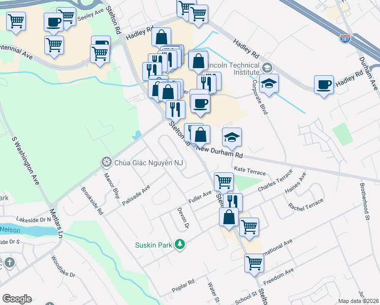 map of restaurants, bars, coffee shops, grocery stores, and more near 1120 Stelton Road in Piscataway