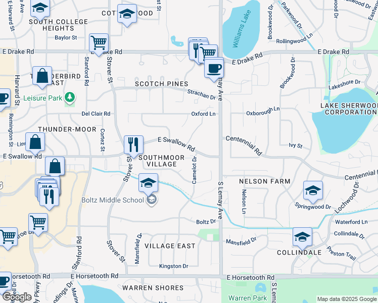 map of restaurants, bars, coffee shops, grocery stores, and more near 927 East Swallow Road in Fort Collins