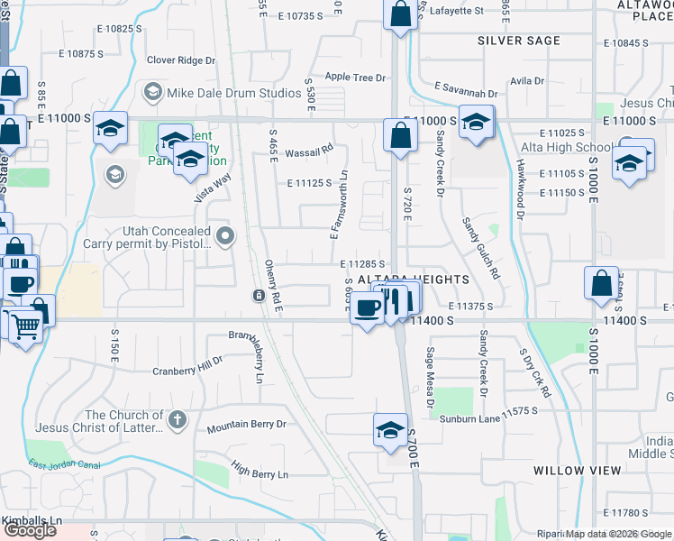 map of restaurants, bars, coffee shops, grocery stores, and more near 601 Meadow Hill Drive in Sandy