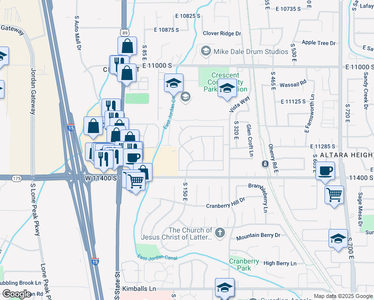 map of restaurants, bars, coffee shops, grocery stores, and more near 194 Crescent Park Way in Sandy
