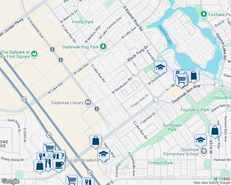 map of restaurants, bars, coffee shops, grocery stores, and more near 5033 Rambutan Way in South Jordan