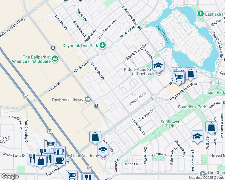 map of restaurants, bars, coffee shops, grocery stores, and more near 11267 Lake Run Road in South Jordan