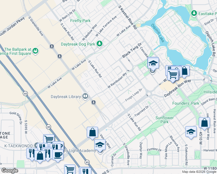 map of restaurants, bars, coffee shops, grocery stores, and more near 11267 Lake Run Road in South Jordan