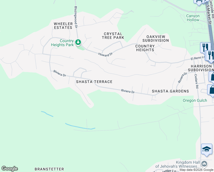 map of restaurants, bars, coffee shops, grocery stores, and more near 1296-1298 Riviera Drive in Redding