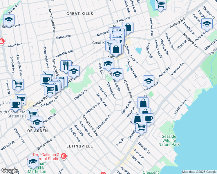 map of restaurants, bars, coffee shops, grocery stores, and more near 16 Hillcrest Avenue in Staten Island