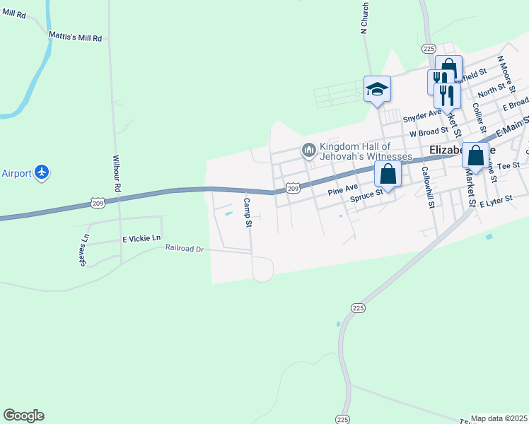 map of restaurants, bars, coffee shops, grocery stores, and more near 466 West Main Street in Elizabethville