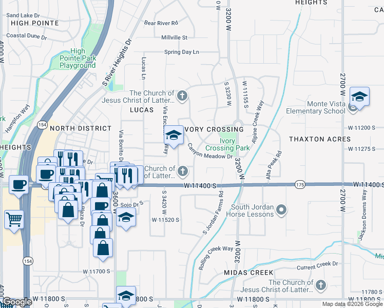 map of restaurants, bars, coffee shops, grocery stores, and more near 11294 Soldier Creek Lane in South Jordan