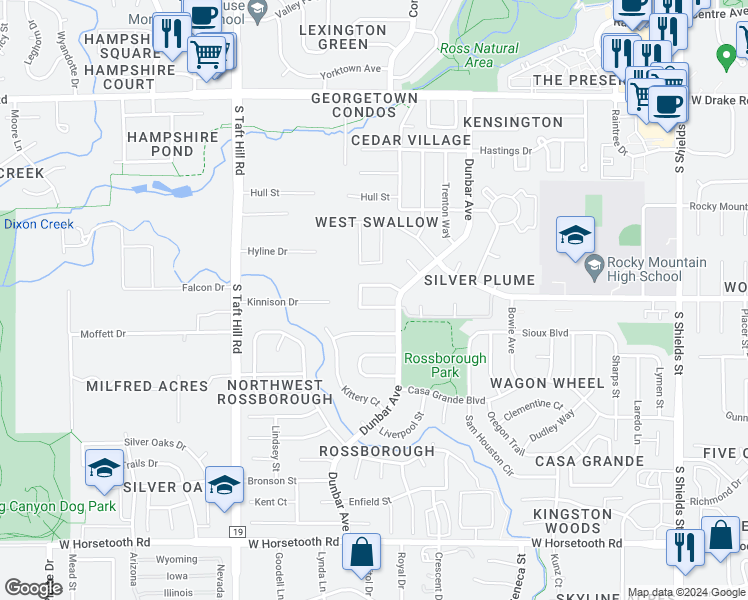 map of restaurants, bars, coffee shops, grocery stores, and more near 1720 Dora Street in Fort Collins