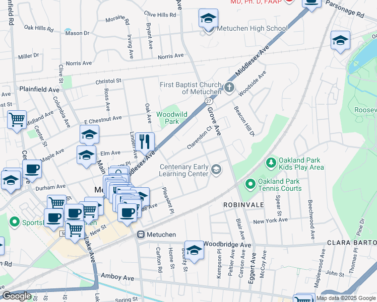 map of restaurants, bars, coffee shops, grocery stores, and more near 39 Clarendon Court in Metuchen