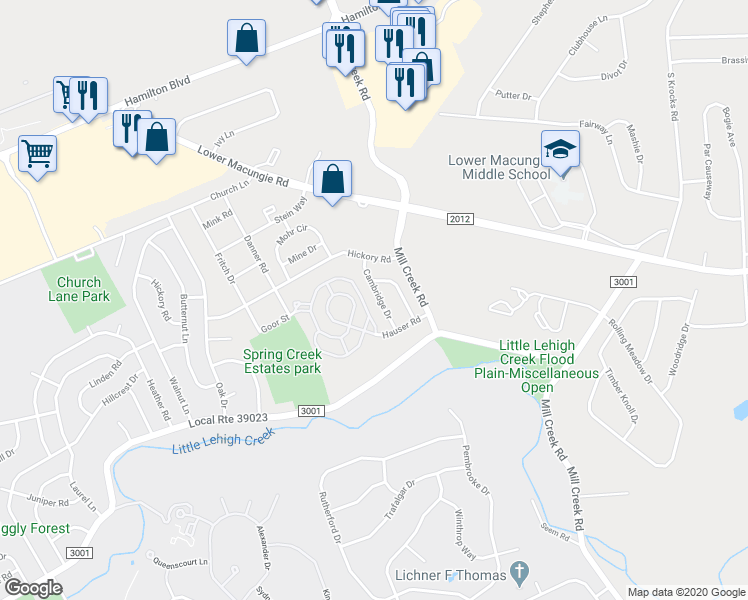 map of restaurants, bars, coffee shops, grocery stores, and more near 1524 Cambridge Drive in Macungie