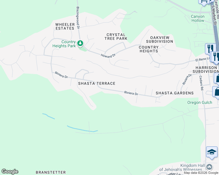 map of restaurants, bars, coffee shops, grocery stores, and more near 1296-1298 Riviera Drive in Redding