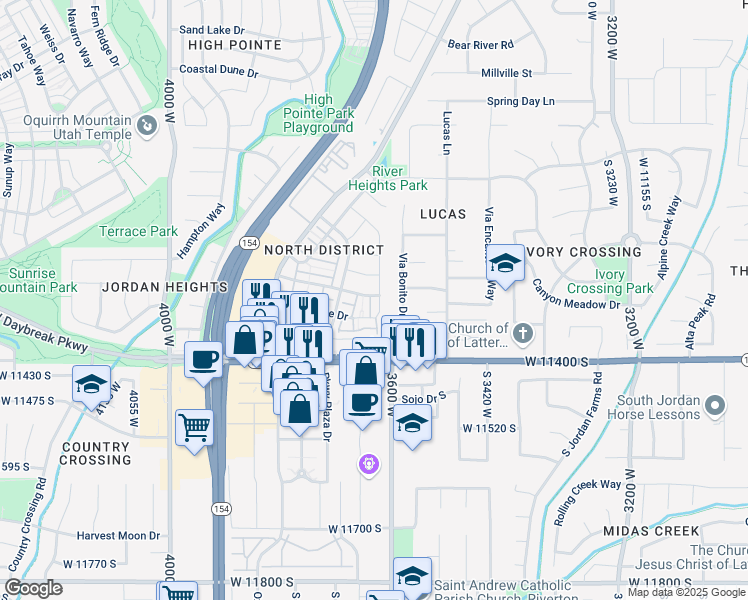 map of restaurants, bars, coffee shops, grocery stores, and more near 11278 Ropemaker Road in South Jordan