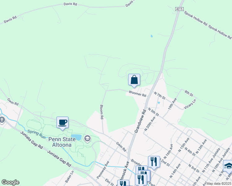 map of restaurants, bars, coffee shops, grocery stores, and more near Woomer Road in Altoona