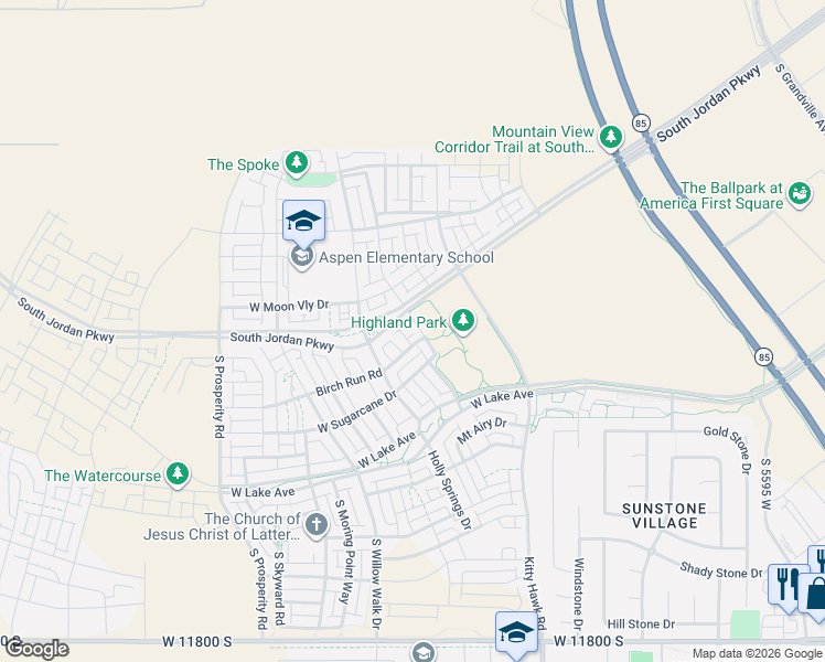 map of restaurants, bars, coffee shops, grocery stores, and more near 6168 Birch Run Road in South Jordan