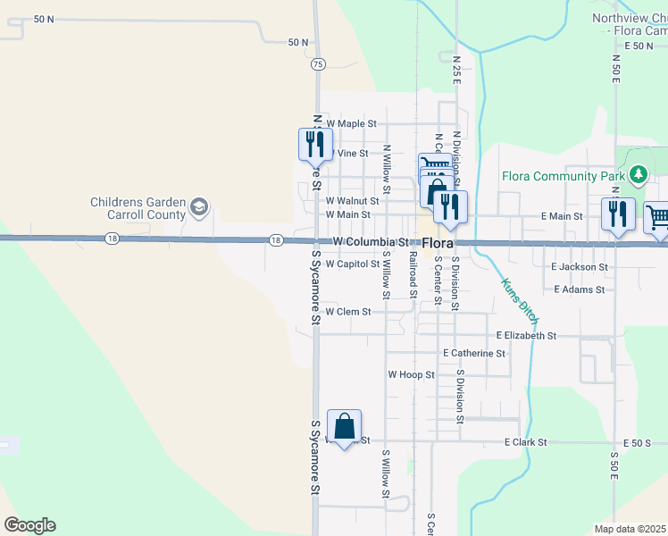 map of restaurants, bars, coffee shops, grocery stores, and more near 407 West Capitol Street in Flora
