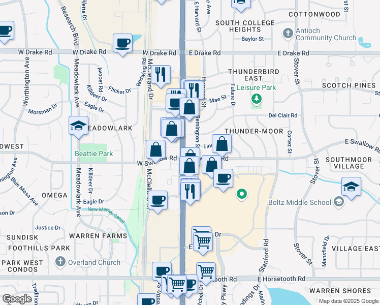 map of restaurants, bars, coffee shops, grocery stores, and more near 3000-3030 S College Ave in Fort Collins