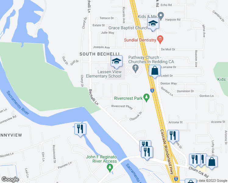 map of restaurants, bars, coffee shops, grocery stores, and more near 4265 Long Drive Court in Redding