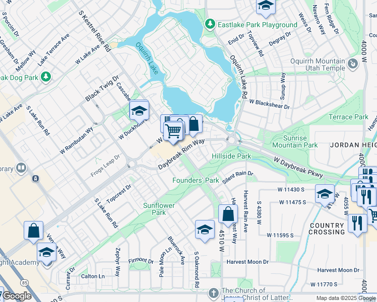 map of restaurants, bars, coffee shops, grocery stores, and more near 4631 West Daybreak Rim Way in South Jordan