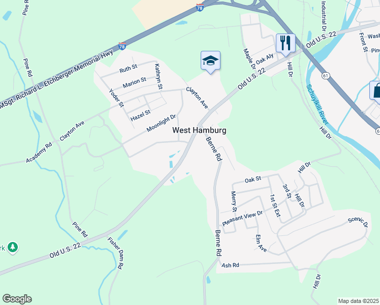 map of restaurants, bars, coffee shops, grocery stores, and more near 25 Rainbow Drive in Hamburg