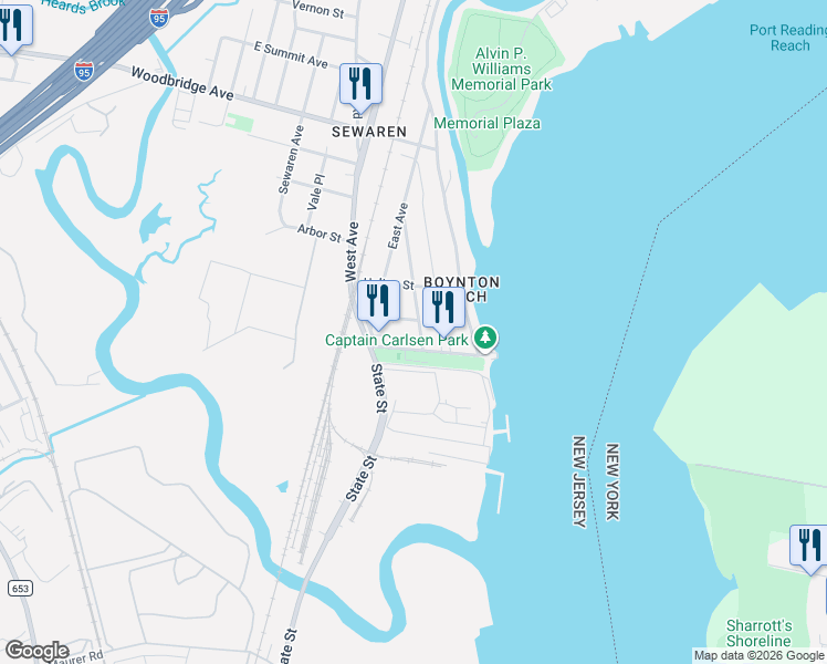 map of restaurants, bars, coffee shops, grocery stores, and more near 44 New Street in Woodbridge Township