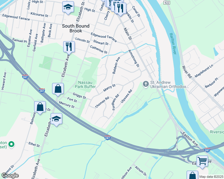 map of restaurants, bars, coffee shops, grocery stores, and more near 51 Marcy Street in Franklin Township